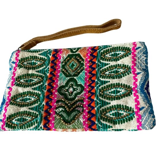 KATYDID Embroidered Beaded Wristlet Clutch Multicolor Bohemian Pattern Zipper - Picture 6 of 6